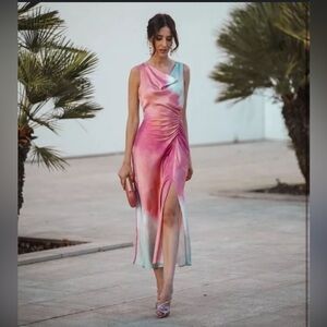 Zara Pink and Green Tie Dye Cowl Neck Rushed Midi Sleeveless Dress